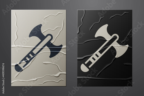 White War axe icon isolated on crumpled paper background. Battle axe, executioner axe. Medieval weapon. Paper art style. Vector.