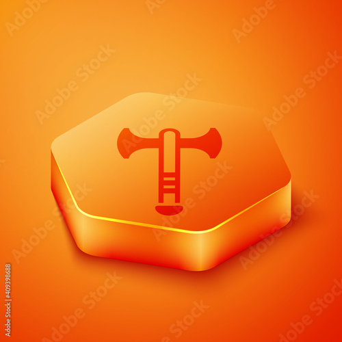 Isometric War axe icon isolated on orange background. Battle axe, executioner axe. Medieval weapon. Orange hexagon button. Vector.