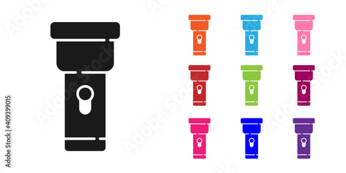 Black Flashlight icon isolated on white background. Set icons colorful. Vector.