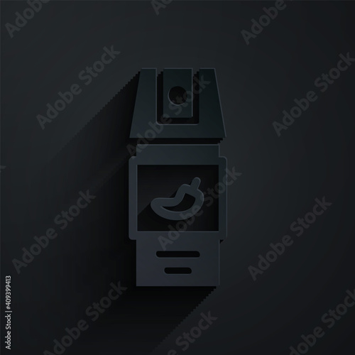 Paper cut Pepper spray icon isolated on black background. OC gas. Capsicum self defense aerosol. Paper art style. Vector.