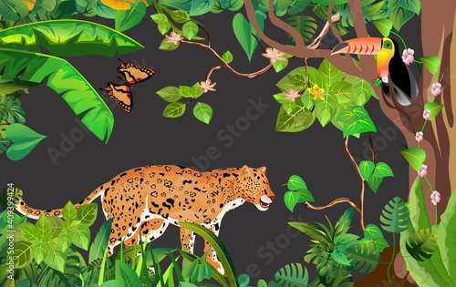 Fototapeta Naklejka Na Ścianę i Meble -  Jungle wildlife illustration. jaguar. toucan. in the jungle. tropical plants and animals, vector