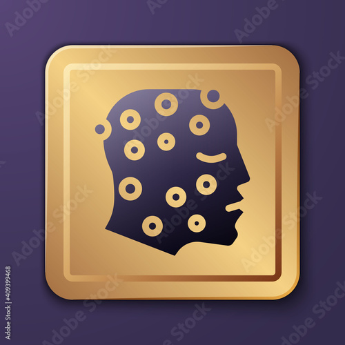 Purple Face with psoriasis or eczema rash icon isolated on purple background. Concept of human skin response to allergen or chronic body problem. Gold square button. Vector.