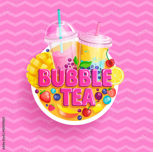 Bubble tea banner. Bubbletea with fruits and berries on sweet vintage background.Milkshake smoothie with mango, blueberries, tapioca, place for text and brand.Great for flyers, posters, cards. Vector.