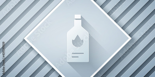 Paper cut Tabasco sauce icon isolated on grey background. Chili cayenne spicy pepper sauce. Paper art style. Vector.