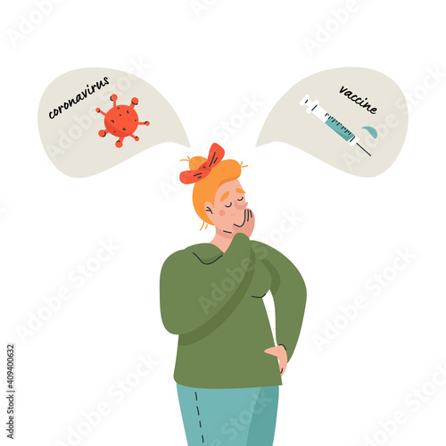 Woman chooses between the coronavirus vaccine and the refusal of the vaccine concept flat vector illustration in cartoon style. A metaphor for thinking about a new coronavirus vaccine. Covid-19