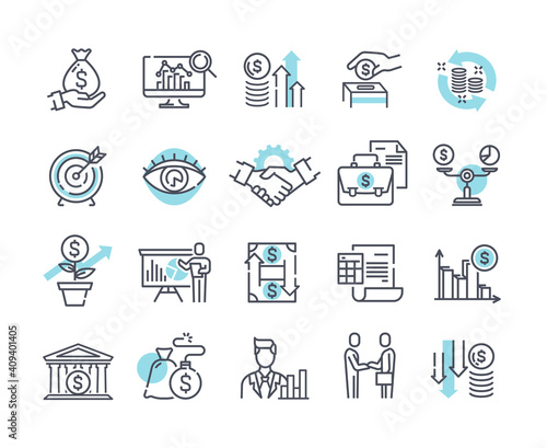 Financial management outline icons, trade service and investment strategy. Collection of thin line pictograms and infographics. Set of black and white vector illustrations isolated on white background
