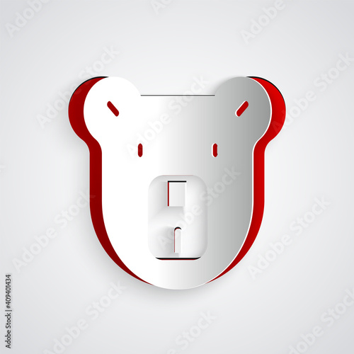 Paper cut Bear head icon isolated on grey background. Paper art style. Vector.