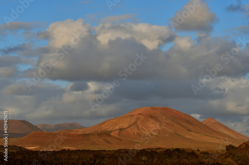 Beautiful volcanic landscape at sunset at the Parque Natural de Los Volcanes. Lanzarote  Spain.