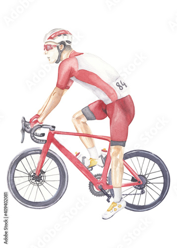 Fototapeta Naklejka Na Ścianę i Meble -  Watercolor cyclist illustration isolated on white Hand drawn man on the bike Cycling race Red bike Red cycling dress Helmet Sport poster Gift for him Home decor Wall art