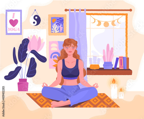 Meditating young woman sitting in lotus position with closed eyes. Cute girl with crossed legs practicing yoga at home. Smiling girl enjoying time for yourself. Flat cartoon vector illustration