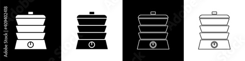 Set Slow cooker icon isolated on black and white background. Electric pan. Vector.