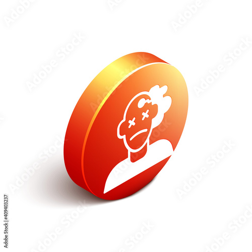 Isometric Murder icon isolated on white background. Body, bleeding, corpse, bleeding icon. Concept of crime scene. Orange circle button. Vector.