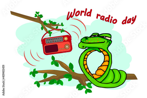 
Snake with radio isolated on white background. Cute snake listening music on tree branch. World radio day. Retro radio and comic serpent. FM recorder for information broadcasting. Vector illustration