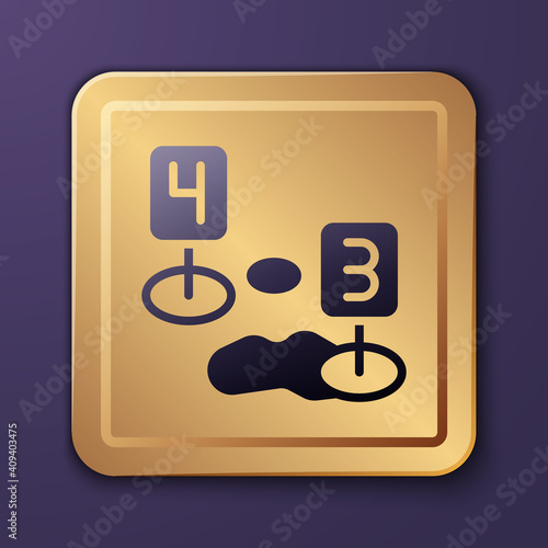 Purple Marker of crime scene icon isolated on purple background. Gold square button. Vector.