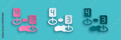 Paper cut Marker of crime scene icon isolated on blue background. Paper art style. Vector.