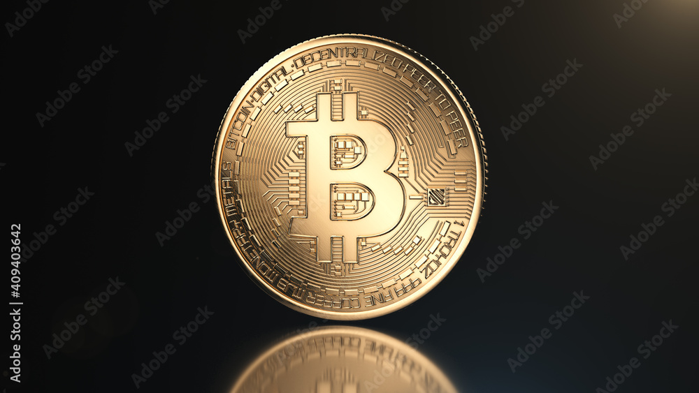 Golden bitcoin coin on black reflective background. Popular digital currency. Cryptocurrency created, distributed, traded, and stored in decentralized ledger system known as a blockchain. Golden bitcoin coin on black reflective background. Popular digital currency. Cryptocurrency created, distributed, traded, and stored in decentralized ledger system known as a blockchain.