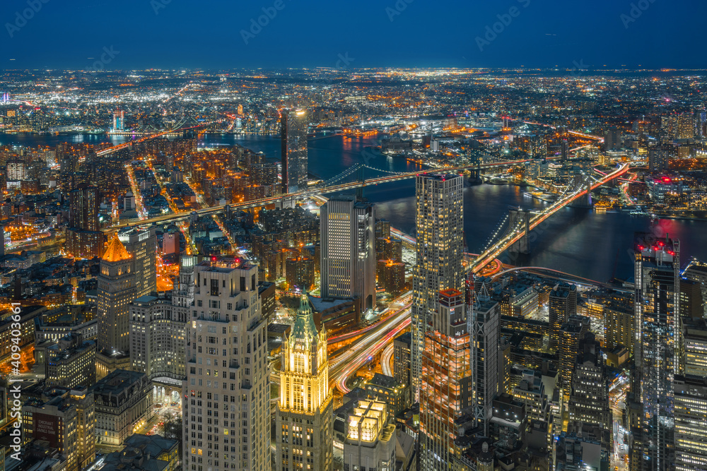 Top view of new work Cityscape from One World Trade Observatory as skyscraper at twilight. Aerial view, USA downtown skyline, Architecture and building with tourist concept