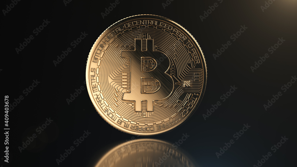 Golden bitcoin coin on black reflective background. Popular digital currency. Cryptocurrency created, distributed, traded, and stored in decentralized ledger system known as a blockchain. Golden bitcoin coin on black reflective background. Popular digital currency. Cryptocurrency created, distributed, traded, and stored in decentralized ledger system known as a blockchain.