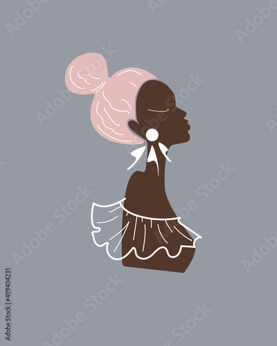 Portrait of a dark skinned woman with pink hair and large white earrings, romantic style, vector illustration for the design of printed products, advertising accessories, for social media post.