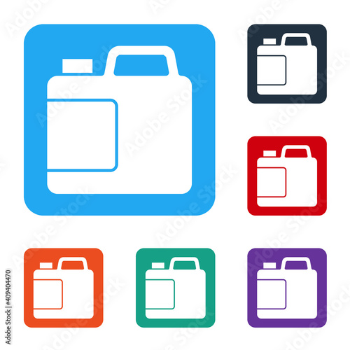 White Plastic bottle for laundry detergent, bleach, dishwashing liquid or another cleaning agent icon isolated on white background. Set icons in color square buttons. Vector.