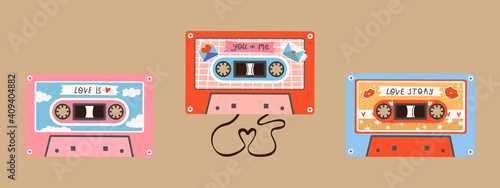 Vector set of three retro vintage cassettes for Valentine's Day. Audio cassettes of love. Love songs, love audio recordings. A tape recording of a love story. Each cassette is isolated.