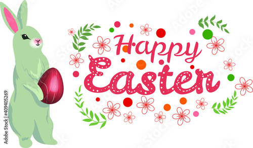 Poster and banner template with 3d realistic Easter egg, bunny and leaves. Promotion, shopping, greeting card, postcard and presents for Easter Day