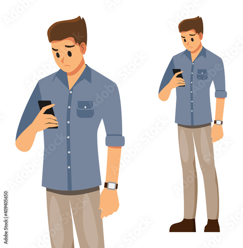 A man standing while holding smartphone , call and sends message via sms chat with internet wifi. Communication concept .Vector illustration cartoon character.