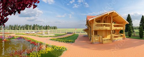 Quadro su tela Wooden house, a log house made of a perfect round log, against the background of beautiful winter nature