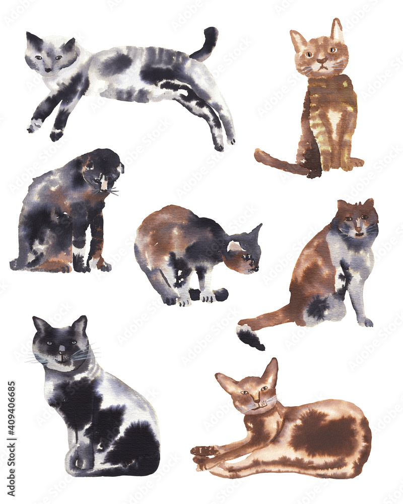 Naklejka premium Watercolor cat illustration isolated on white. Cute watercolor animal illustration. Cute kittens. Nursery, kids, children hand painted art work