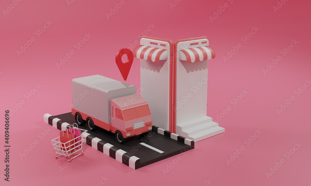 3D rendering flat illustration Online shopping store on mobile application and truck cargo shipping of smartphone. Premium illustration