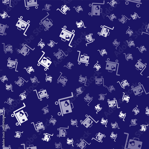 White Hotel luggage cart with suitcase icon isolated seamless pattern on blue background. Traveling baggage sign. Travel luggage icon. Vector.