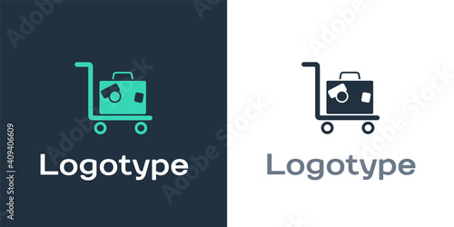 Logotype Hotel luggage cart with suitcase icon isolated on white background. Traveling baggage sign. Travel luggage icon. Logo design template element. Vector.