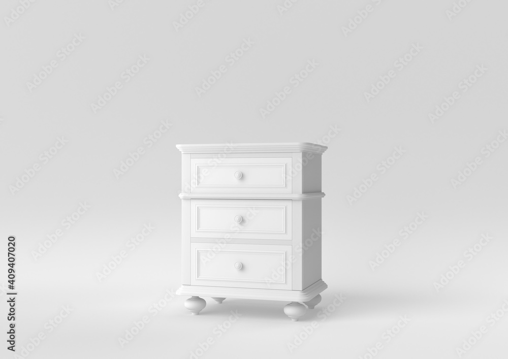 Elegant White Chest of drawers on white background. minimal concept idea. monochrome. 3d render. Elegant White Chest of drawers on white background. minimal concept idea. monochrome. 3d render.