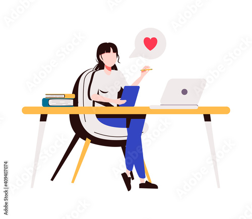 Teenage girl writing diary or journal. Happy young woman reading book and taking notes with pencil. Vector illustration for journal, author, student, teenager in love concept