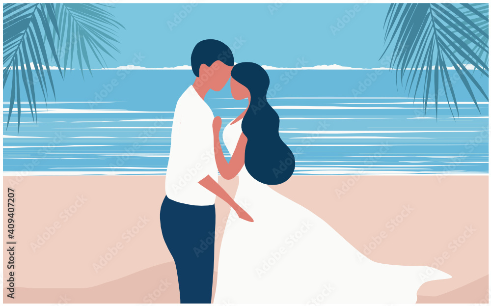 Loving couple kissing on the beach background vector illustration. Love, romantic and happy valentine concept 