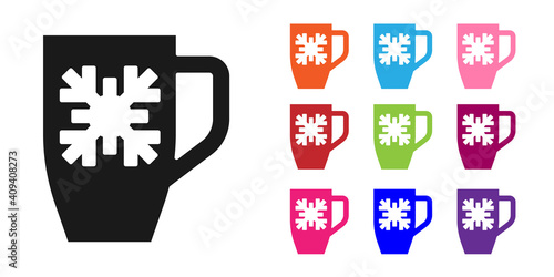 Black Coffee cup with snowflake icon isolated on white background. Tea cup. Hot drink coffee. Merry Christmas and Happy New Year. Set icons colorful. Vector.