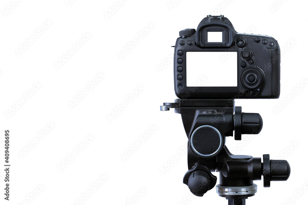 Digital single-lens reflex camera with three way head isolated on white background