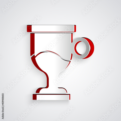 Paper cut Mulled wine with glass of drink and ingredients icon isolated on grey background. Cinnamon stick, clove, lemon slice. Paper art style. Vector.