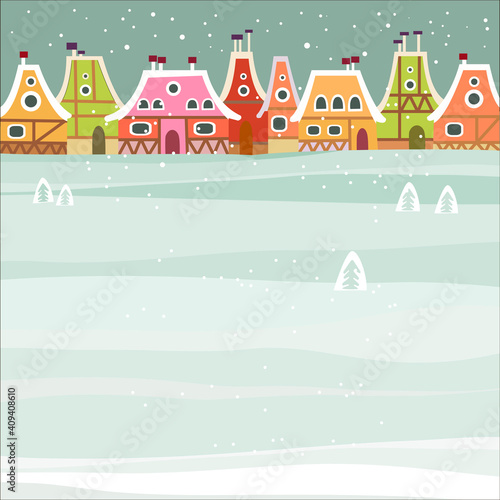 Vector flat illustration with winter city, falling snowflakes