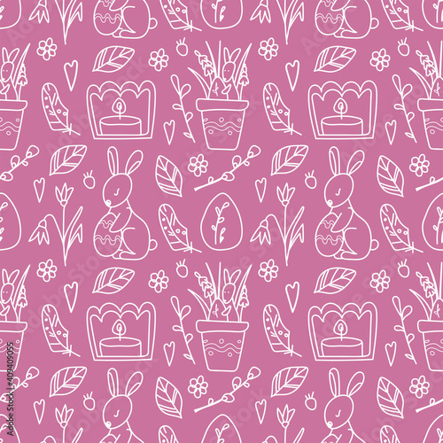 Seamless pattern on a pink background with illustration of Easter bunnies, candles, flowers, feathers, flowers in pots, eggs.Doodle style