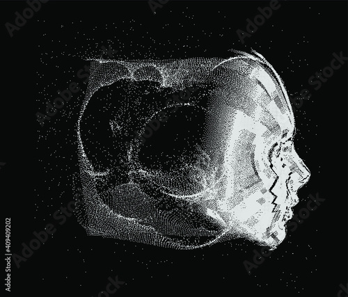Human head made of the array of particles, pixelated and glitched portret of supreme artificial intelligence. Generative computer art.