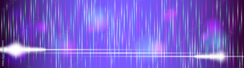 Abstract elongated rectangular poster. Bright vertical glowing lines and horizontal white charts. Purple background with colored muddy spots. Trails from shooting stars. Clipping mask. EPS10