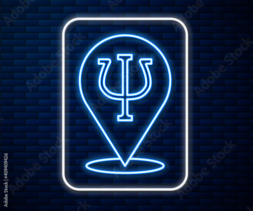 Glowing neon line Psychology icon isolated on brick wall background. Psi symbol. Mental health concept, psychoanalysis analysis and psychotherapy. Vector.