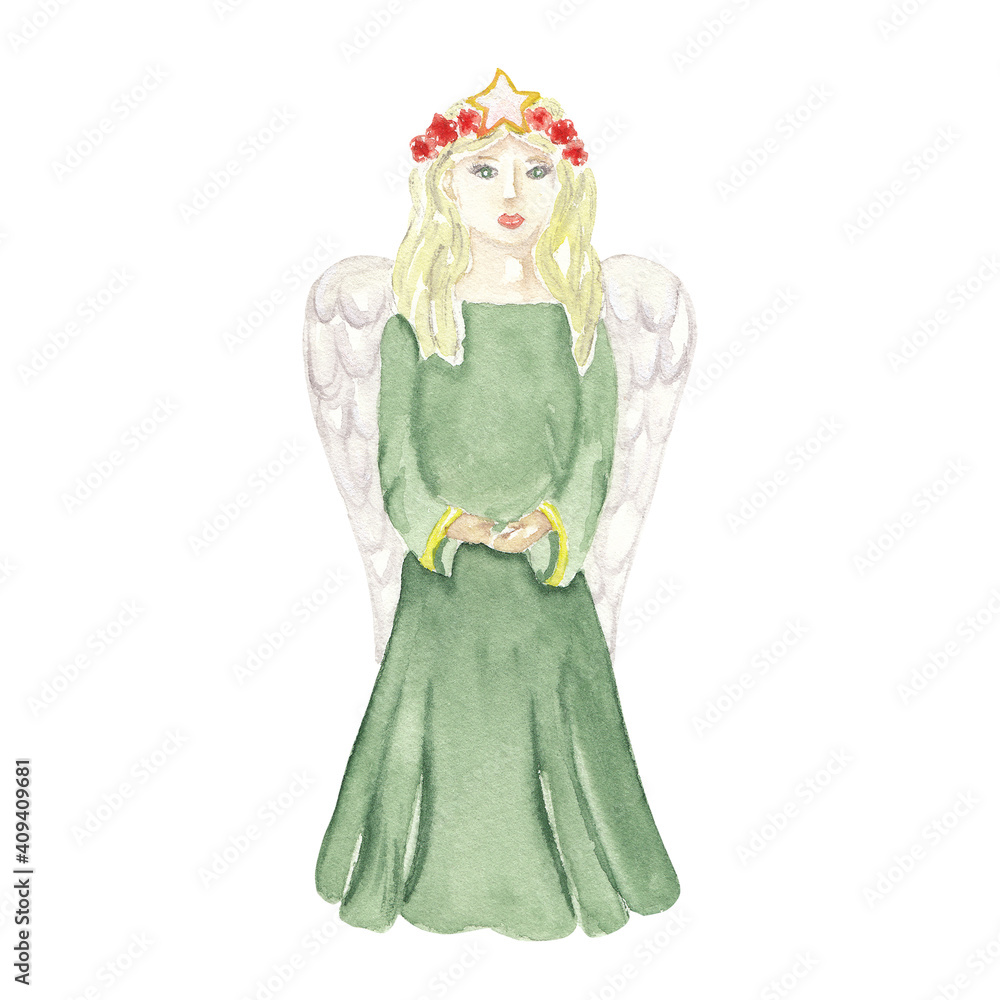 Watercolor angel illustration Christmas angel  Cute New Year and Merry Christmas decor, diy invitation, greeting card, pattern element. Nice illustration of angel girl in green dress