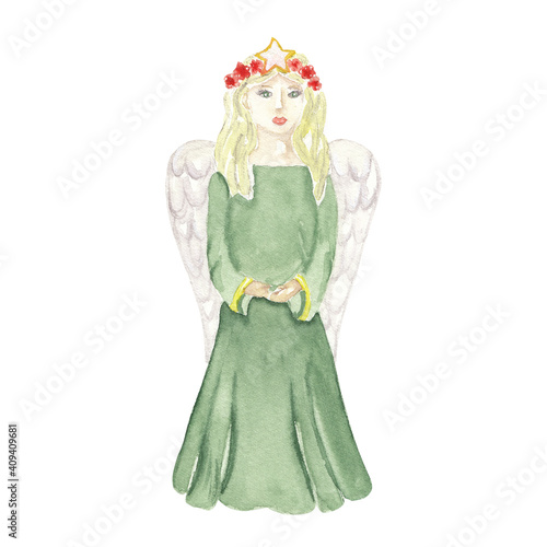 Watercolor angel illustration Christmas angel Cute New Year and Merry Christmas decor, diy invitation, greeting card, pattern element. Nice illustration of angel girl in green dress
