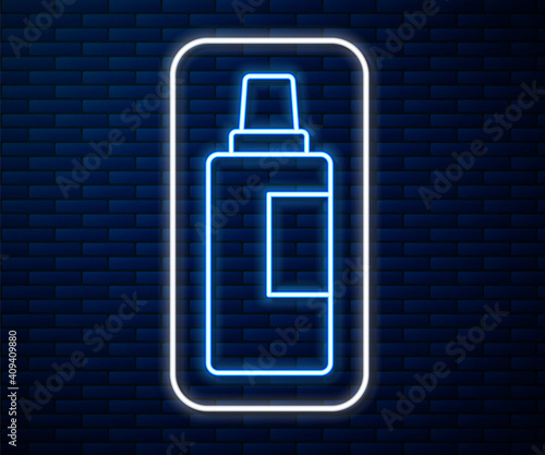 Glowing neon line Plastic bottle for laundry detergent, bleach, dishwashing liquid or another cleaning agent icon isolated on brick wall background. Vector.