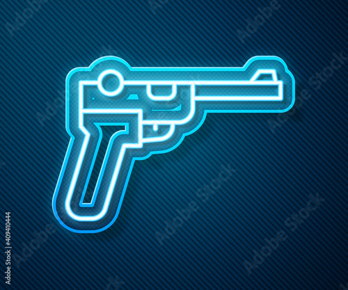 Glowing neon line Mauser gun icon isolated on blue background. Mauser C96 is a semi-automatic pistol. Vector.