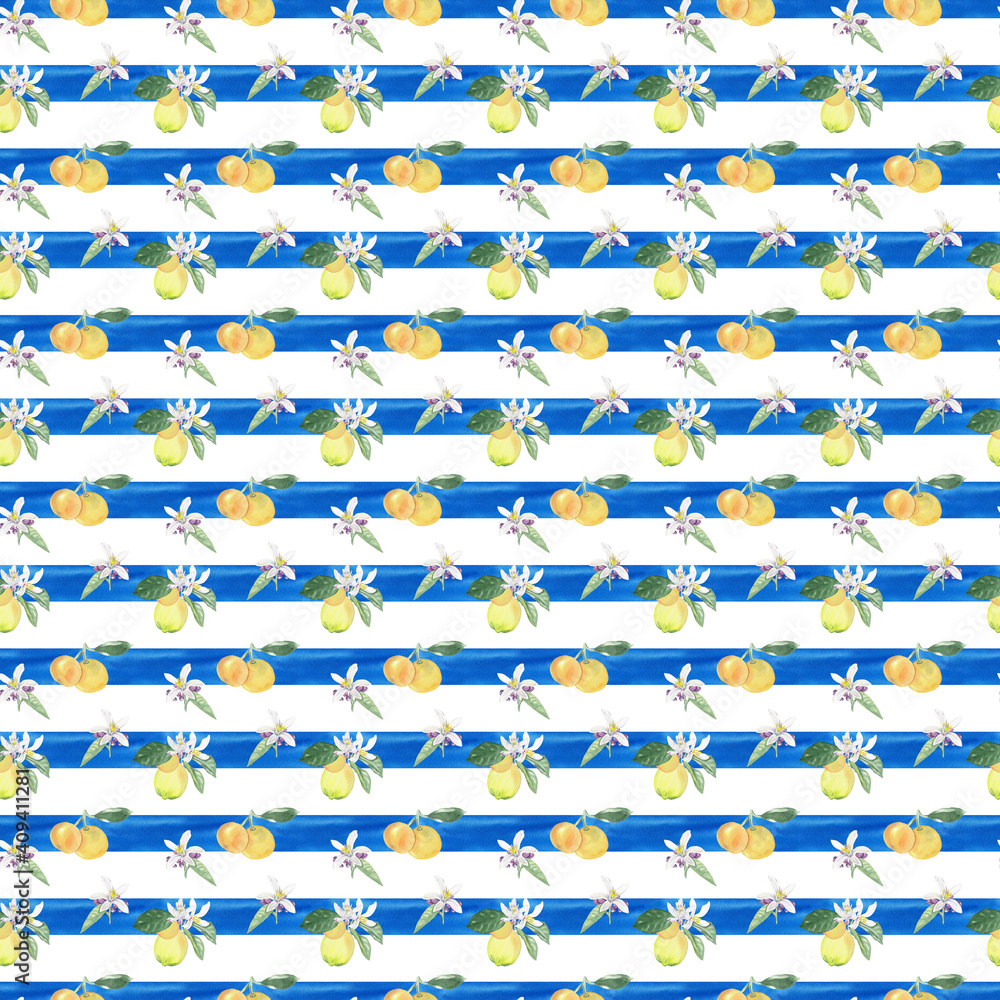 Fototapeta premium Seamless watercolor patterns with citrus fruits and blue horizontal watercolor lines High quality digital papers Hand drawn lemons, oranges and mandarines. Scrapbook, textile and paper design 300dpi
