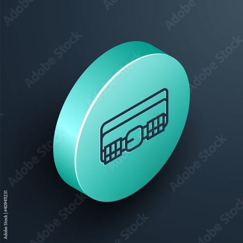 Isometric line Hunting cartridge belt with cartridges icon isolated on black background. Bandolier sign. Hunter equipment, armament. Turquoise circle button. Vector.