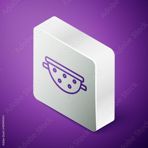 Isometric line Kitchen colander icon isolated on purple background. Cooking utensil. Cutlery sign. Silver square button. Vector.